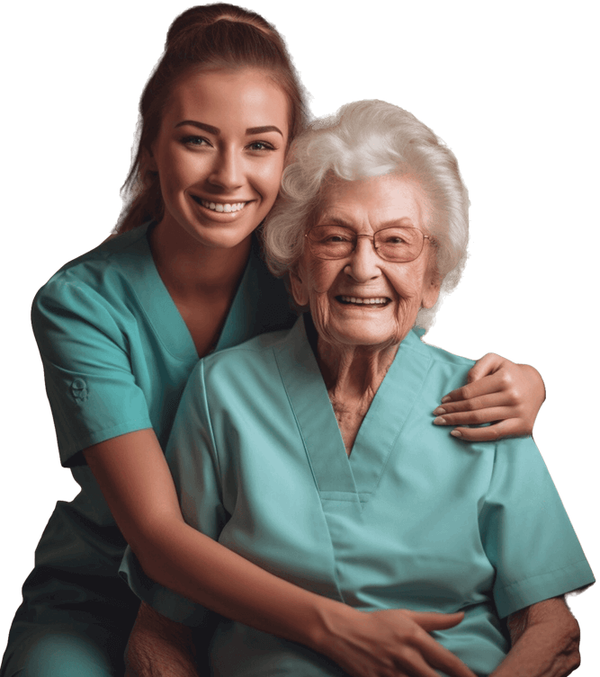 I'm unable to identify or describe specific people in images. The image features two people wearing teal scrubs, smiling warmly, suggesting a healthcare setting.