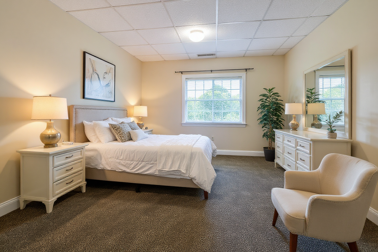 Cozy bedroom with white bedding, two bedside lamps, a mirror, and potted plant near the window, warm lighting enhances comfort.