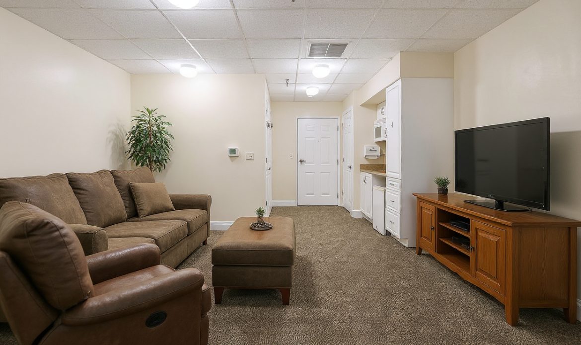 A cozy living room features a brown sofa, armchair, and TV, with a kitchenette and door in the background.