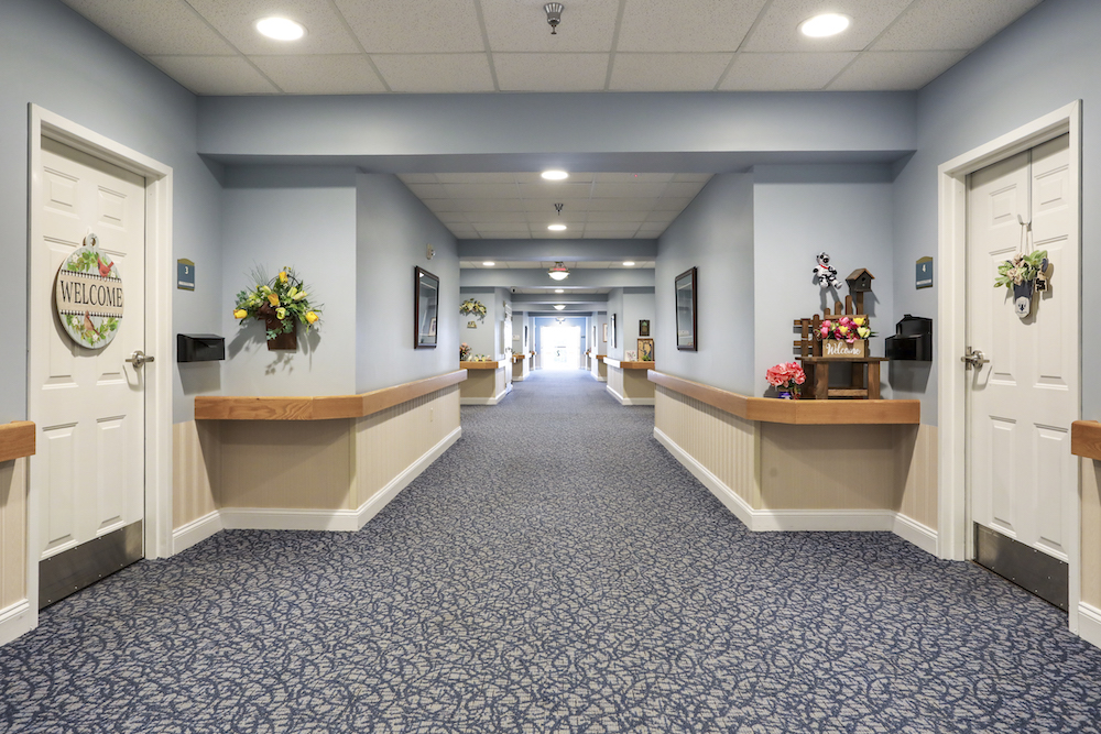 A well-lit hallway with blue walls, decorative floral arrangements, welcome signs on doors, and a patterned carpet leading to a bright exit.