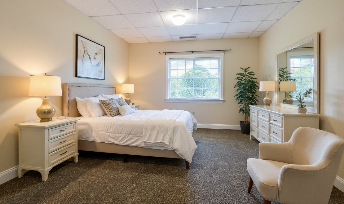 Bright bedroom with a neatly made bed, armchair, dresser, lamps, plant, and window overlooking greenery, creating a cozy, serene atmosphere.