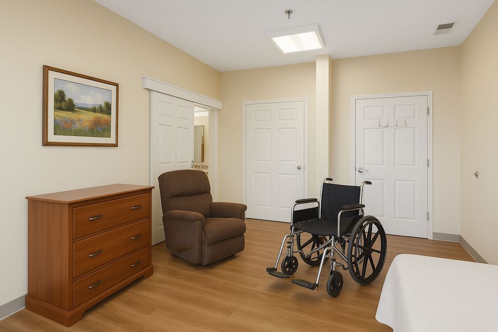 A room with a wheelchair, recliner, wooden dresser, framed art, and white doors on a wooden floor. Beige walls and ceiling light.
