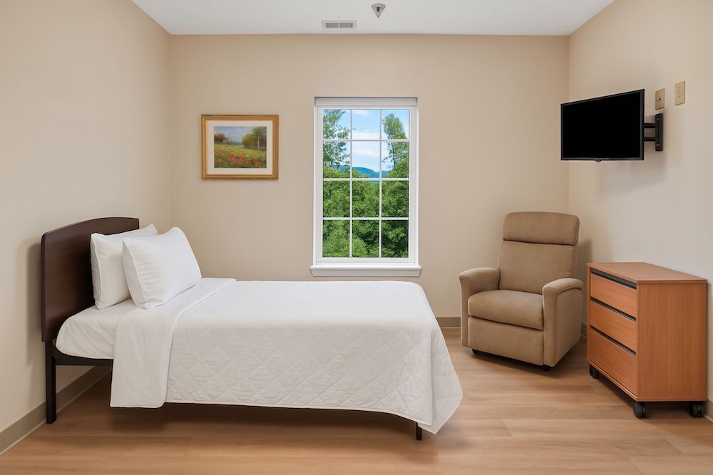 A simple bedroom features a single bed, armchair, dresser, wall-mounted TV, large window with greenery outside, and framed landscape painting.