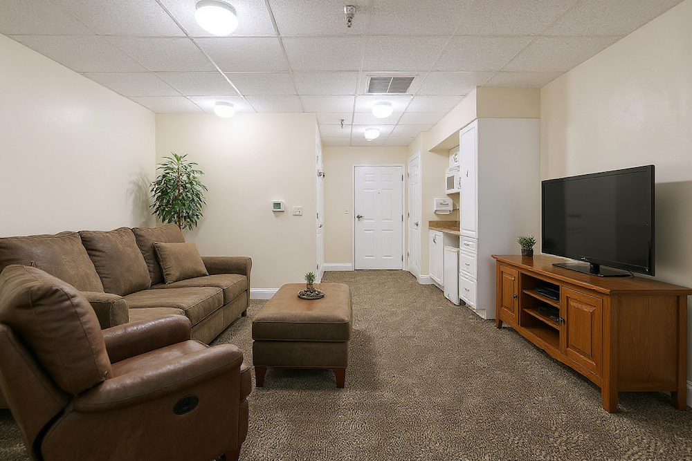 Assisted Living 11 A cozy living room with a brown sofa, recliner, TV on a wooden stand, small kitchen area, and beige walls.
