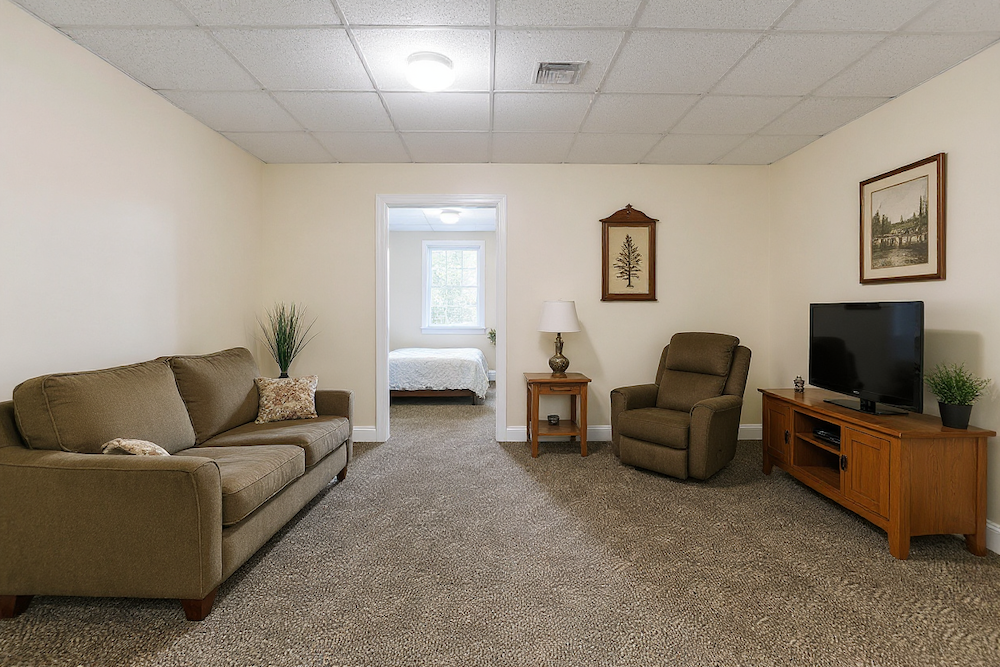 Assisted Living 10 Cozy living room with brown sofa, recliner, TV, and wooden furniture. Bedroom visible through the doorway. Neutral tones and simple decor.
