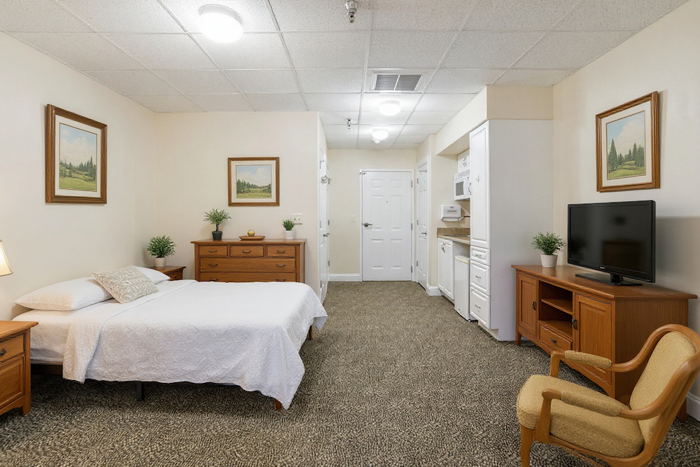 Assisted Living 9 A cozy studio apartment features a bed, dresser, kitchenette, and TV. Neutral tones and landscape paintings create a peaceful, comfortable atmosphere.
