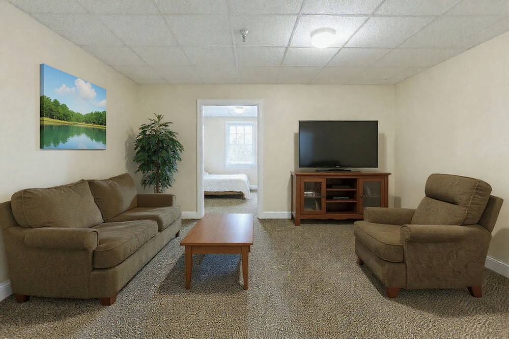 Assisted Living 13 Cozy living room with brown furniture, TV, and landscape painting. Carpeted floor, plant decor. Bedroom visible through door at the back.