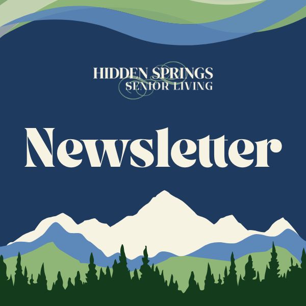 Newsletter cover for Hidden Springs Senior Living featuring stylized mountains and forest in blue and green tones.