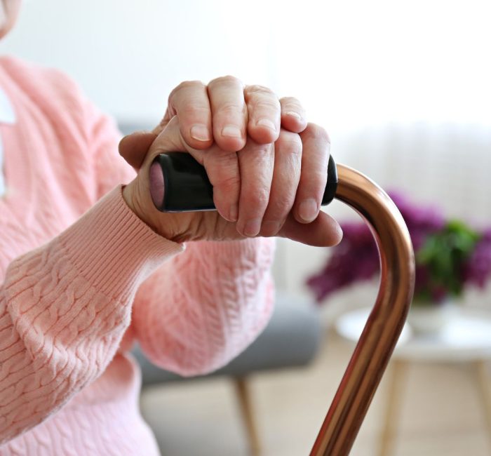 A person with folded hands rests on a cane. They wear a pink sweater. Blurred lilacs in the background suggest a cozy setting.